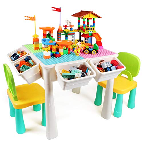 GobiDex 7 in 1 Multi Kids Activity Table Set with 2 Chairs and 230 Pcs Large Size Blocks Compatible with Classic Blocks.Water Table,Sand Table and Building Blocks Table for Toddlers Activity